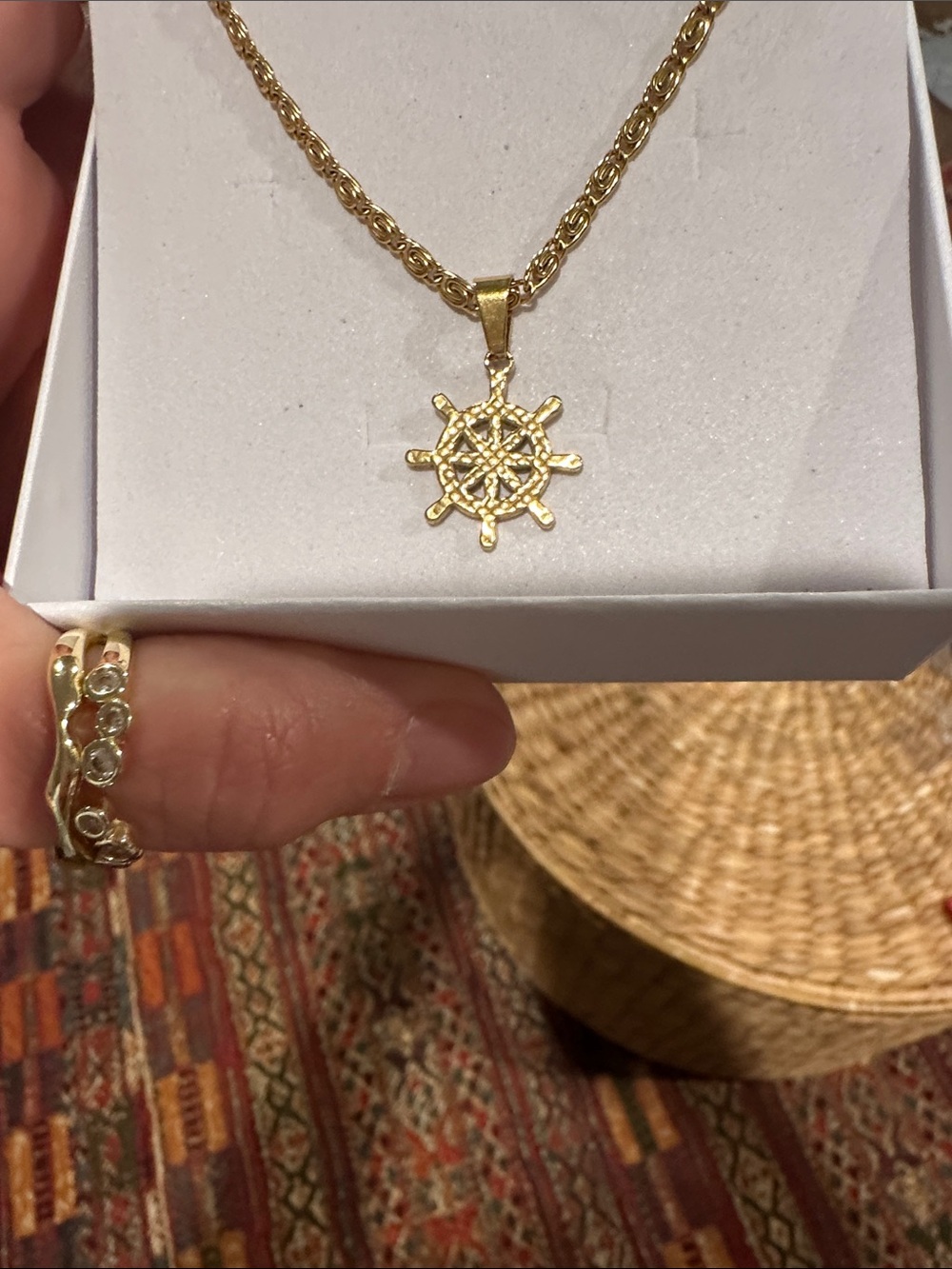 Gold Nautical Ship Wheel Pendant Necklace - Women Jewelry